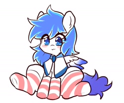 Size: 1809x1496 | Tagged: safe, artist:yilo, oc, oc only, oc:canicula, pegasus, pony, :3, blushing, clothes, simple background, socks, solo, spread wings, striped socks, white background, wings
