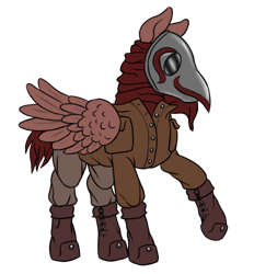 Size: 1664x1792 | Tagged: safe, artist:multiverseequine, derpibooru exclusive, oc, oc only, oc:aftershock, pegasus, pony, boots, clothes, full body, jacket, male, mask, pegasus oc, plague doctor mask, scarf, shoes, simple background, solo, transparent background