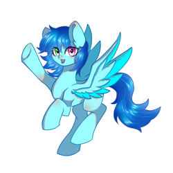 Size: 1280x1280 | Tagged: safe, oc, oc only, oc:cloud west, pegasus, pony, female, flying, heterochromia, looking at you, mare, open mouth, open smile, pegasus oc, simple background, smiling, smiling at you, solo, spread wings, white background, wings
