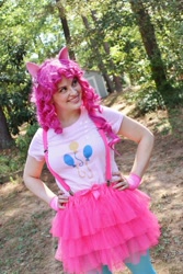 Size: 640x960 | Tagged: safe, artist:shelbeanie, pinkie pie, human, g4, 2014, clothes, cosplay, costume, cutie mark on clothes, hand on hip, irl, irl human, photo