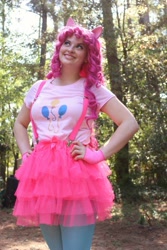 Size: 640x960 | Tagged: safe, artist:shelbeanie, pinkie pie, human, g4, 2014, clothes, cosplay, costume, cutie mark on clothes, hand on hip, irl, irl human, photo