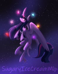Size: 1280x1623 | Tagged: safe, artist:sugaryicecreammlp, twilight sparkle, alicorn, pony, g4, belly, countershading, element of generosity, element of honesty, element of kindness, element of laughter, element of loyalty, element of magic, elements of harmony, large wings, night, partially open wings, slender, solo, thin, twilight sparkle (alicorn), wings