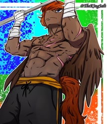 Size: 1500x1745 | Tagged: safe, alternate character, alternate version, artist:theking_salt, oc, pegasus, anthro, abs, beard, chest fluff, clothes, commission, facial hair, gritted teeth, male, male nipples, muscles, nipples, partial nudity, pegasus oc, pullup, scar, sexy, strong, topless, wings, workout, ych result