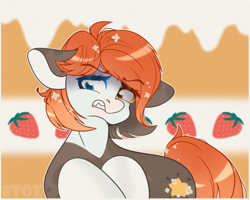 Size: 2000x1600 | Tagged: oc name needed, safe, artist:etoz, oc, oc only, earth pony, pony, angry, cake, disgusted, earth pony oc, eyebrows, eyebrows visible through hair, female, flower, flower in hair, food, frown, gift art, heterochromia, looking at something, mare, solo, strawberry, teeth