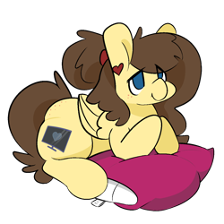 Size: 1200x1200 | Tagged: safe, artist:myahster, oc, oc only, oc:retro hearts, pegasus, pony, ear piercing, earring, freckles, jewelry, piercing, pillow, ponytail, simple background, sitting, solo, transparent background