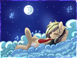 Size: 2000x1500 | Tagged: safe, artist:gnidagovnida, oc, oc only, oc:alen d, pegasus, pony, clothes, cloud, eyes closed, lying down, lying on a cloud, mare in the moon, moon, necktie, night, on a cloud, on back, shirt, solo, vulgar description
