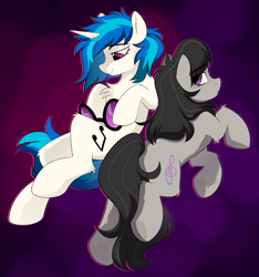 Size: 2400x2560 | Tagged: safe, artist:crimmharmony, dj pon-3, octavia melody, vinyl scratch, earth pony, pony, unicorn, g4, backwards cutie mark, chest fluff, duo, duo female, eye clipping through hair, eyebrows, eyebrows visible through hair, featured image, female, fluffy, glasses off, gradient background, high res, horn, leg fluff, looking down, mare, sunglasses