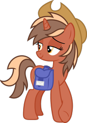 Size: 1555x2193 | Tagged: safe, artist:pegasski, oc, oc only, oc:softbox, pony, unicorn, g4, bag, female, hat, mare, saddle bag, simple background, solo, transparent background