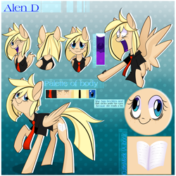 Size: 2500x2500 | Tagged: safe, artist:gnidagovnida, oc, oc only, oc:alen d, pegasus, pony, ;d, bags under eyes, clothes, derp, female, high res, mare, necktie, one eye closed, open mouth, open smile, raised hoof, reference sheet, shirt, shocked, shocked expression, smiling, solo