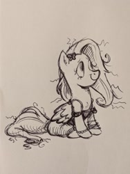 Size: 1536x2048 | Tagged: safe, artist:mellodillo, fluttershy, pegasus, pony, g4, clothes, cute, daaaaaaaaaaaw, dress, grayscale, messy mane, monochrome, pencil drawing, shyabetes, sitting, smiling, solo, traditional art
