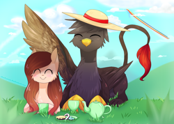 Size: 1500x1068 | Tagged: safe, artist:gnidagovnida, rainbow dash, oc, griffon, pony, g4, ^^, cheek fluff, commission, cottagecore, cup, cute, donut, duo focus, eyes closed, food, grass, hat, lying down, oc focus, outdoors, prone, rainbow trail, smiling, speed trail, tea kettle, teacup