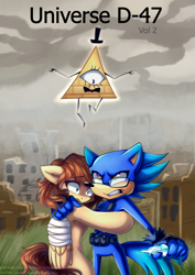 Size: 3508x4961 | Tagged: safe, artist:chaosangeldesu, oc, oc only, mobian, pegasus, pony, bandage, bill cipher, bipedal, commission, crossover, hug, male, ruins, sonic the hedgehog, sonic the hedgehog (series)