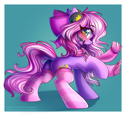 Size: 4260x3908 | Tagged: safe, artist:chaosangeldesu, oc, oc only, oc:lillybit, earth pony, pony, absurd resolution, blushing, bow, butt, clothes, commission, cute, earth pony oc, eye clipping through hair, eyebrows, eyebrows visible through hair, female, hair bow, headphones, looking at you, mare, open mouth, open smile, plot, raised hoof, scarf, smiling, smiling at you, socks, solo, striped socks, ych result