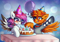 Size: 4961x3508 | Tagged: safe, artist:chaosangeldesu, oc, oc only, oc:flaming hoof, pegasus, pony, absurd resolution, amputee, balloon, birthday, blushing, cake, clothes, commission, cute, food, happy, prosthetic limb, prosthetics