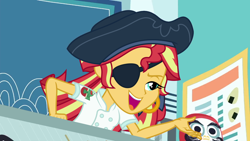 Size: 1280x720 | Tagged: safe, edit, edited screencap, editor:machiavellian mythos, screencap, sunset shimmer, equestria girls, equestria girls series, g4, x marks the spot, clothes swap, daruma, ear piercing, earring, eyepatch, female, food truck, hat, jewelry, lidded eyes, open mouth, piercing, pirate, pirate hat, pointing, smiling, sunset sushi
