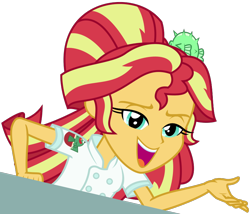 Size: 840x720 | Tagged: safe, artist:sketchmcreations, sunset shimmer, equestria girls, equestria girls series, g4, x marks the spot, alternate hairstyle, clothes swap, female, open mouth, simple background, smiling, solo, sunset sushi, transparent background, vector