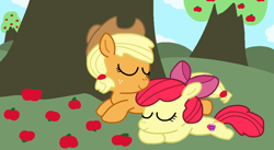 Size: 982x540 | Tagged: safe, artist:harmonybunny2021, apple bloom, applejack, earth pony, pony, g4, apple, female, filly, food, mare, siblings, sleeping, tree