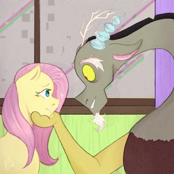 Size: 2048x2048 | Tagged: safe, artist:wyntober, discord, fluttershy, draconequus, pegasus, pony, fanfic:bride of discord, g4, abstract background, female, hand on face, high res, looking at each other, male, ship:discoshy, shipping, straight