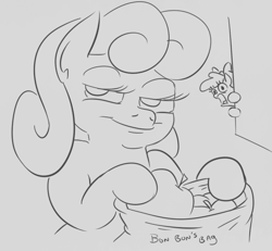 Size: 613x566 | Tagged: safe, artist:jargon scott, apple bloom, bon bon, sweetie drops, earth pony, pony, g4, apple, bag, duo, food, grayscale, i didn't put those in my bag, lidded eyes, monochrome, open mouth, shocked, solo focus