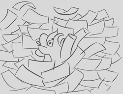 Size: 500x382 | Tagged: safe, artist:jargon scott, earth pony, pony, beret, grayscale, hat, monochrome, paper, screaming, solo