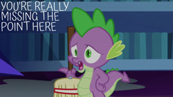 Size: 1280x720 | Tagged: safe, edit, edited screencap, editor:quoterific, screencap, spike, dragon, every little thing she does, g4, season 6, broom, male, missing the point, open mouth, pointing, reaction image, solo, twilight's castle