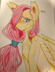 Size: 1024x1338 | Tagged: safe, artist:pixelatedsorrows, fluttershy, pegasus, pony, g4, alternate hairstyle, cute, daaaaaaaaaaaw, female, freckles, hair over one eye, mare, shyabetes, solo, traditional art
