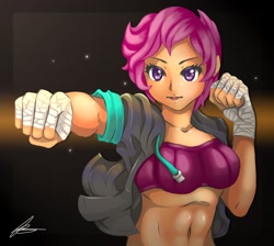 Size: 2048x1836 | Tagged: safe, artist:jennobasilicum, scootaloo, equestria girls, g4, abs, bandage, belly button, clothes, female, hoodie, older, older scootaloo, punch, solo, sports bra, tape, wrist tape