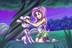 Size: 1800x1200 | Tagged: safe, artist:thescornfulreptilian, fluttershy, pom (tfh), human, sheep, them's fightin' herds, equestria girls, g4, adorapom, clothes, community related, crossover, cute, duo, female, floral head wreath, flower, kneeling, night, shyabetes, sitting, sleeveless, sweet dreams fuel, tank top