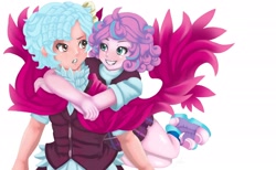 Size: 2048x1260 | Tagged: safe, artist:jennobasilicum, cozy glow, princess flurry heart, human, equestria girls, g4, blushing, cape, clothes, crystal prep academy uniform, equestria girls-ified, female, freckles, hug, human coloration, humanized, lesbian, older, school uniform, ship:cozyheart, shipping, shirt, shoes, simple background, skirt, sneakers, socks, vest, white background