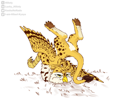 Size: 5000x4000 | Tagged: safe, artist:hilloty, oc, oc only, oc:beaky, griffon, fanfic:yellow feathers, backbend, beak, falling, griffon oc, paw pads, paws, simple background, solo