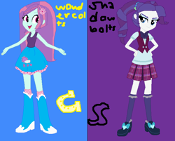 Size: 714x574 | Tagged: safe, artist:pizzasister, artist:selenaede, rarity, sunny flare, equestria girls, g4, my little pony equestria girls: friendship games, alternate universe, boots, clothes, clothes swap, crystal prep academy uniform, high heel boots, school uniform, shadowbolts, shirt, shoes, simple background, skirt, socks, wondercolts