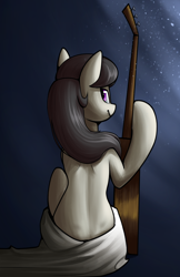 Size: 3300x5100 | Tagged: safe, artist:supermoix, octavia melody, earth pony, pony, g4, background pony, bow (instrument), cute, female, looking at you, looking back, looking back at you, mare, sexy, simple background, solo