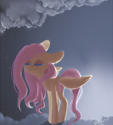 Size: 976x1080 | Tagged: safe, artist:gnidagovnida, fluttershy, pegasus, pony, g4, backlighting, cloud, commission, ear fluff, eyelashes, eyes closed, female, floppy ears, mare, on a cloud, sky, solo, spread wings, standing, stars, three quarter view, wings