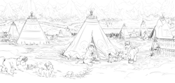 Size: 3708x1764 | Tagged: safe, artist:snspony, oc, oc only, fish, pony, yakutian horse, black and white, colt, foal, grayscale, male, monochrome, mountain, mountain range, sketch, stallion, tent, village