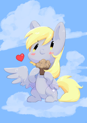 Size: 2894x4093 | Tagged: safe, artist:bubbletea, derpy hooves, pegasus, pony, g4, anime style, background pony, chibi, cloud, cute, derp, derpabetes, food, heart, illustration, love, muffin, sky, solo