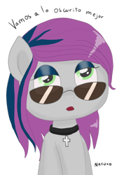 Size: 700x991 | Tagged: safe, artist:wrath-marionphauna, oc, oc only, oc:oscuridad, pony, eyeshadow, jewelry, makeup, necklace, ponylatino, simple background, solo, spanish, sunglasses, transparent background