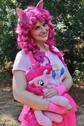 Size: 640x960 | Tagged: safe, artist:shelbeanie, pinkie pie, earth pony, human, pony, g4, clothes, cosplay, costume, cutie mark on clothes, irl, irl human, photo, plushie