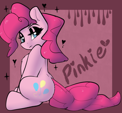 Size: 1856x1724 | Tagged: safe, artist:llametsul, pinkie pie, earth pony, pony, g4, black eyeshadow, butt fluff, chest fluff, eyeshadow, female, lidded eyes, looking at you, makeup, mare, sitting, solo