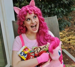 Size: 719x640 | Tagged: safe, artist:shelbeanie, pinkie pie, human, g4, 2014, candy, clothes, cosplay, costume, cropped, food, irl, irl human, open mouth, photo, plushie