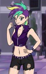 Size: 1263x1993 | Tagged: safe, artist:banquo0, rarity, human, g4, alternate hairstyle, belly button, belt, bracelet, breasts, cleavage, clothes, ear piercing, earring, female, hand on hip, humanized, jacket, jeans, jewelry, midriff, pants, piercing, punk, raripunk, ripped jeans, ripped pants, smiling, solo, torn clothes