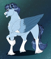 Size: 2309x2641 | Tagged: safe, artist:inisealga, oc, oc only, oc:soaring spirit, pegasus, pony, coat markings, colored wings, concave belly, facial markings, folded wings, glasses, gradient background, high res, large wings, male, markings, pegasus oc, simple background, socks (coat markings), stallion, three toned wings, wings