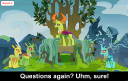 Size: 1920x1223 | Tagged: safe, edit, edited screencap, screencap, arista, clypeus, cornicle, thorax, changedling, changeling, comic:celestia's servant interview, g4, to change a changeling, caption, changeling kingdom, cs captions, female, grass, interview, king thorax, male, mountain, text, throne