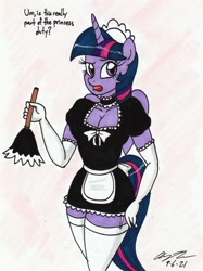 Size: 1763x2359 | Tagged: safe, artist:newyorkx3, twilight sparkle, alicorn, anthro, breasts, busty twilight sparkle, choker, cleavage, clothes, dialogue, duster, evening gloves, female, garter straps, garters, gloves, long gloves, maid, maid headdress, maidlight sparkle, mare, open mouth, socks, solo, stockings, thigh highs, traditional art, twilight sparkle (alicorn), zettai ryouiki