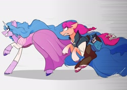 Size: 2048x1462 | Tagged: safe, artist:crookedbeetles, izzy moonbow, sunny starscout, earth pony, pony, unicorn, g5, clothes, crossover, duo, female, flynn rider, lesbian, rapunzel, running, ship:moonscout, shipping, tangled (disney)