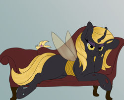 Size: 2100x1700 | Tagged: safe, artist:inanimatelotus, oc, oc:wisp, changeling, bedroom eyes, changeling oc, changeling princess, changeling princess oc, colored, couch, draw me like one of your french girls, flat colors, lounging, simple background, yellow changeling