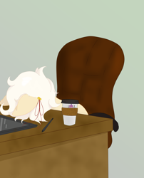 Size: 1700x2100 | Tagged: safe, artist:inanimatelotus, oc, oc only, oc:clay, pony, chair, coffee, coffee cup, colored lineart, cup, desk, drawing tablet, exhausted, facedesk, gift art, green background, office chair, pastel, ribbon, simple background, solo