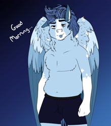 Size: 3016x3442 | Tagged: safe, artist:inisealga, oc, oc only, oc:soaring spirit, pegasus, anthro, boxer briefs, chest fluff, chubby, clothes, coat markings, facial markings, fluffy, folded wings, gradient background, high res, male, markings, neck fluff, partial nudity, pegasus oc, sleepy, socks (coat markings), solo, stallion, three toned wings, topless, wings