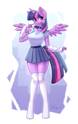 Size: 2208x3508 | Tagged: safe, artist:dandy, twilight sparkle, alicorn, anthro, unguligrade anthro, g4, :3, belt, blushing, breasts, busty twilight sparkle, choker, clothes, cute, ear fluff, female, finger on cheek, high res, horn, jewelry, necklace, skirt, socks, solo, stockings, thigh highs, twiabetes, twilight sparkle (alicorn), wings, zettai ryouiki