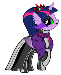 Size: 5483x6766 | Tagged: safe, alternate version, artist:severity-gray, derpibooru exclusive, twilight sparkle, alicorn, pony, g4, alternate hairstyle, bedroom eyes, choker, clothes, collar, corrupted, corrupted twilight sparkle, crown, dark magic, dress, ear piercing, eyeshadow, feather boa, female, glowing eyes, horn, jewelry, latex, latex dress, lipstick, looking at you, magic, makeup, mare, piercing, regalia, simple background, solo, sombra eyes, transparent background, twilight sparkle (alicorn), wings