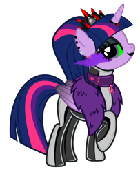 Size: 5483x6766 | Tagged: safe, alternate version, artist:severity-gray, derpibooru exclusive, twilight sparkle, alicorn, pony, g4, alternate hairstyle, bedroom eyes, choker, clothes, collar, corrupted, corrupted twilight sparkle, crown, dark magic, dress, ear piercing, eyeshadow, feather boa, female, glowing eyes, horn, jewelry, latex, latex suit, lipstick, looking at you, magic, makeup, mare, piercing, regalia, simple background, solo, sombra eyes, transparent background, twilight sparkle (alicorn), wings